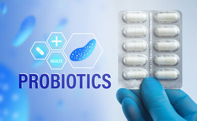 Logo of Probiotics and pills. Probiotics and prebiotics from the pharmacy. Blue concept of...
