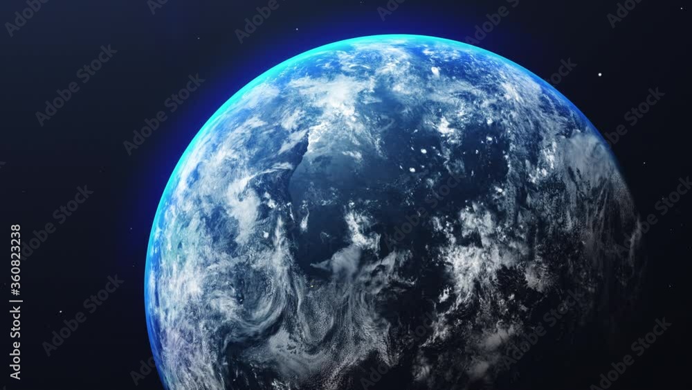 Poster earth in space view with shining sunrise in universe and galaxy background zoom in