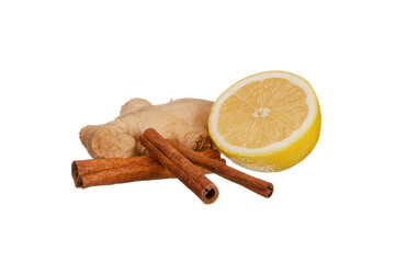Ginger root, lemon cut and cinnamon isolated on white background