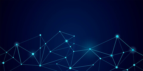 Abstract technology Network nodes Vector background. Connection science and futuristic technology, digital data tech structure, connected points on polygon grid on dark blue