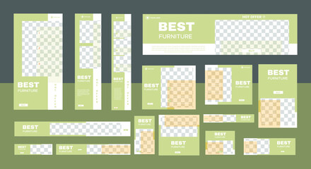 set of furniture web banners of standard size with a place for photos. Business ad banner. Vertical, horizontal and square template. vector illustration EPS 10