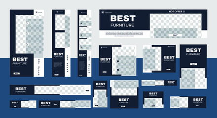 set of furniture web banners of standard size with a place for photos. Business ad banner. Vertical, horizontal and square template. vector illustration EPS 10