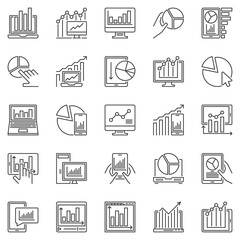 Computer with Chart or Graph outline icons set. Vector Analytics and Statistics on Device concept symbols