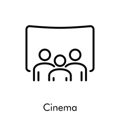 Icono plano lineal con palabra cinema con pantalla y audiencia sentada en color negro