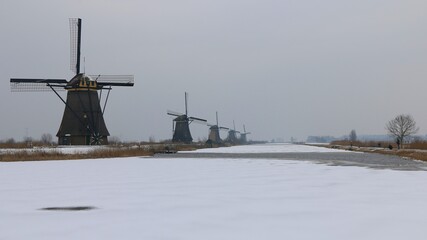 Obraz premium Kinderdijk, Netherlands. View of Dutch polders with windmills in the UNESCO World Heritage Site, during winter time.