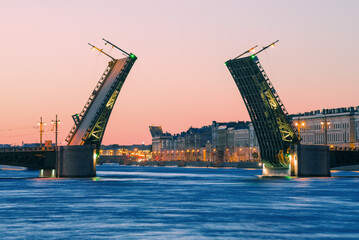 Fototapeta na wymiar View of the divorced Palace Bridge in the early June morning. Saint-Petersburg, Russia