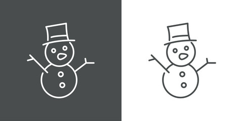 Concepto decoración de Navidad. Icono plano lineal hombre de nieve con zanahoria y gorro en fondo gris y fondo blanco