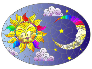 Illustration in stained glass style , abstract sun and moon in the sky, oval image