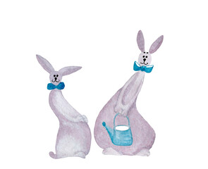 Two funny cartoon rabbits with garden tools isolated on white.