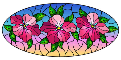 llustration in stained glass style with flowers, leaves and buds of pink flowers on a sky background, oval omage