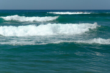 Fototapeta premium beautiful view of the beach coast of the Atlantic ocean in Portugal. Tourism and recreation. Waves break on the shore, banner.