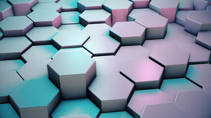 Obraz na płótnie Canvas Background of hexagons illuminated by colored light.