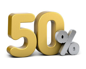 Golden 50 percent.  Isolated on white background. Special offer fifty percent off discount tag. 3d render. 50%