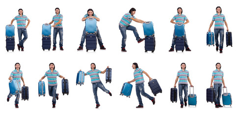 Obraz premium Young man travelling with suitcases isolated on white