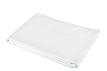 White bedsheet cover when folded. Synthetic bedsheet cover on a white background. Linens. Snow-white bedsheet close-up. Blonde fabric blanket. Production of bed linen. Production of bedding. Textile