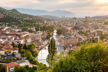 View of the historic centre of Sarajevo at sunset in BiH