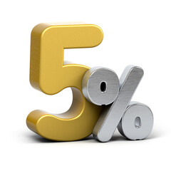 Golden 5 percent.  Isolated on white background. Special offer five percent off discount tag.3d render.	