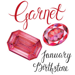 January birthstone Garnet isolated on white background. Close up illustration of gems drawn by hand with colored pencils. Realistic faceted stones. - obrazy, fototapety, plakaty