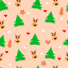 Fototapeta premium Christmas seamless pattern with fir trees, gingerbread, stars and deer faces. Light pink background. Design for wrapping paper, packaging, textiles, winter holidays decoration,web design .
