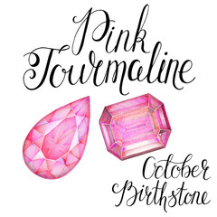 October birthstone Pink Tourmaline isolated on white background. Close up illustration of gems drawn by hand with colored pencils. Realistic faceted stones.