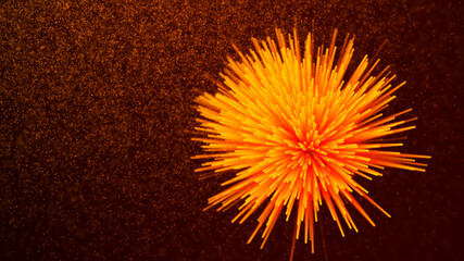 Abstract explosion on a red background. Connetion sphere with dots and lines. Atom fission, big bang. 3D rendering