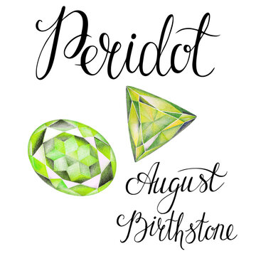 August birthstone Peridot isolated on white background. Close up illustration of gems drawn by hand with colored pencils. Realistic faceted stones.