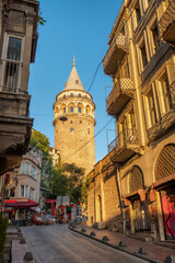 Fototapeta na wymiar Street view at Galata Tower in the Old Town of Istanbul, Turkey