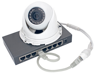 Spherical IP security camera and router on white