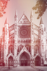 Fototapeta premium Old monumental church in sunshine with light leaks