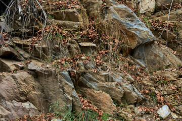 nature, adventure and tourism concept - stone surface of mountains close-up