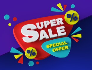 Super sale special offer - 3d advertising concept banner. Discount promotion creative layout. Bright raster bitmap digital illustration. Marketing print poster. Geometric structure. 