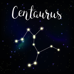 Vector illustration of constellation Centaurus with lettering astrology name on space background with stars in shining galaxy.