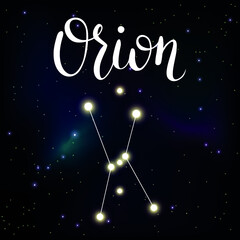 Fototapeta na wymiar Vector illustration of constellation Orion with lettering astrology name on space background with stars in shining galaxy.