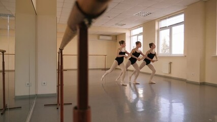 Three lithe, graceful young girls rehearse ballet in a dance Studio. Young ballerinas dance the ballet Swan lake. Slow motion.
