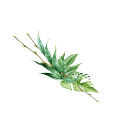 Green leaf arrangement  watercolor illustration. Eucalyptus,  monstera exotic leaves in elegant decorative bouquet. Lush tropical floral greens decor for wedding. Isolated on white background