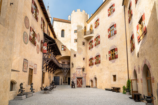 Bruneck - Brunico, South Tyrol, Italy - October 12, 2019: View of the Brunico Castle, situated on the hill over the old town, in Val Pusteria, Italy