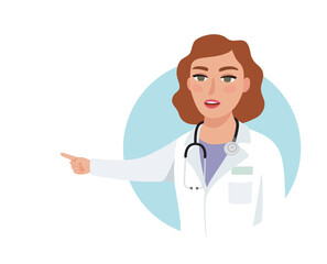 Plakat Friendly female doctor pointing treatment, symptoms or healthy advice. Tele medicine, online medical consultation, health care system support. Isolated flat vector illustration
