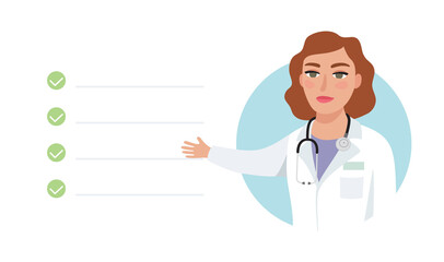 Friendly female doctor indicating treatment, symptoms or giving healthy advice. Tele medicine, online medical consultation, health care system support. Isolated flat vector illustration