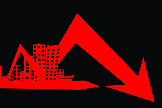 Simple Illustration With A Stylized City And A Graph With An Arrow Tending Downward In Red On A Black Background. Demonstration Of Regression In The Development Of The City And A Drop In Income