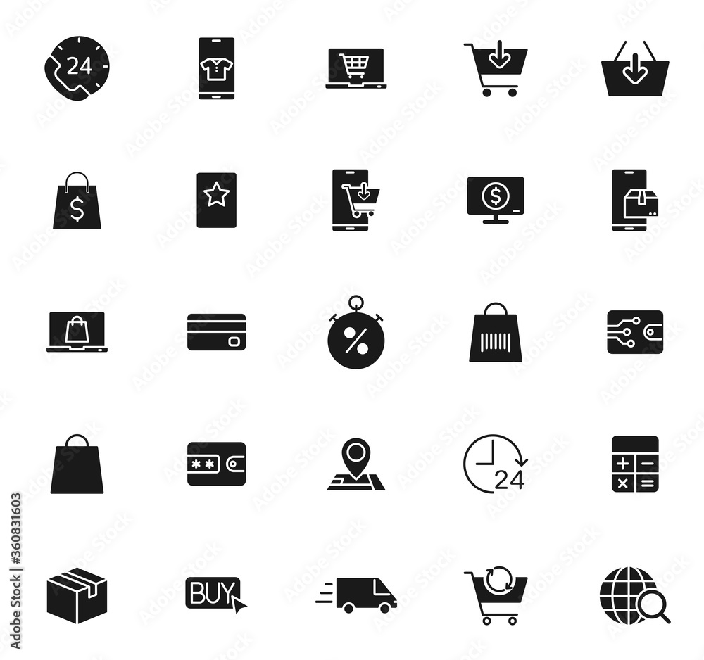 Poster e shopping black vector icons isolated on white background. e shopping icon set for web and ui desig