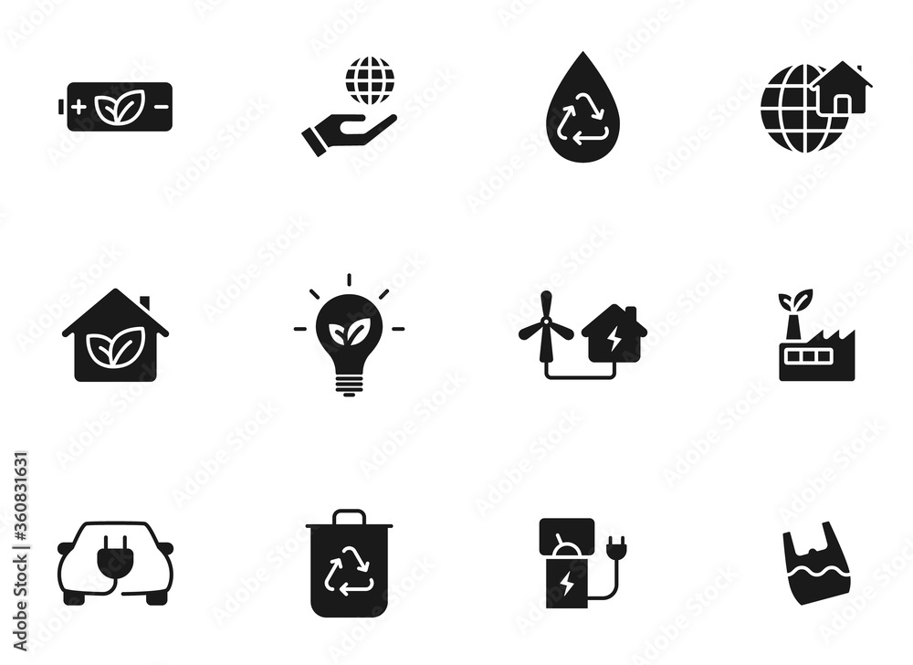 Poster eco glyph vector icons isolated on white. eco icon set for web design, mobile app, user interface an