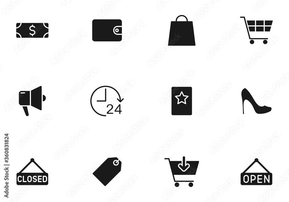 Poster shopping glyph vector icons isolated on white. shopping icon set for web design, mobile app, user in