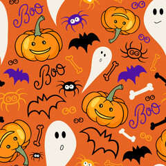 Obraz na płótnie Canvas Seamless vector pattern with pumpkins, bats, spooky and spiders. Halloween background.