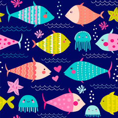 Seamless vector pattern with colorful fishes, sea stars and jellyfish on a dark background.