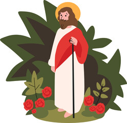 Cute vector illustration of Jesus Christ in blooming flower garden show the way and teach his young students about Bible.Son of God is a good shepherd.Religious Christian kids design for family Easter