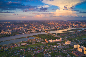 Irtysh river. Omsk city. Sunset