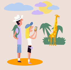 Cute flat illustration of young tourists on safari trip. Man and woman couple take photo of giraffe in nature or zoo. Backpack journey abroad on holidays vacation of social media influencers