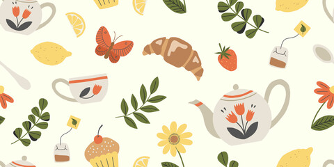 Banner with tea service, garden flowers and snacks. Seamless pattern with tea time elements. Vector illustration.