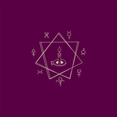 Linear magic signs and symbols. Mysterious illustrations. A logo for an isoteric store, for a witch. A candle stands in the center of a mazic polygon. Mysterious rite, summon the spirit