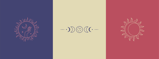 Set of linear magic signs and symbols. Mysterious illustrations. A logo for an isoteric store, for a witch. Silhouette of a hand in a circle holds the moon and stars, lunar eclipse, stylized sun.